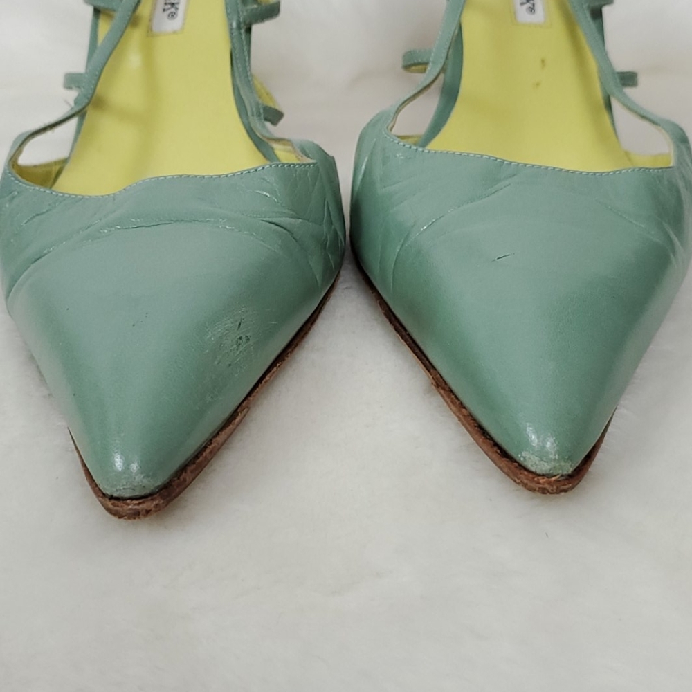 Manolo Blahnik green sling back shoes leather heel size 38 - Picture 9 of 14